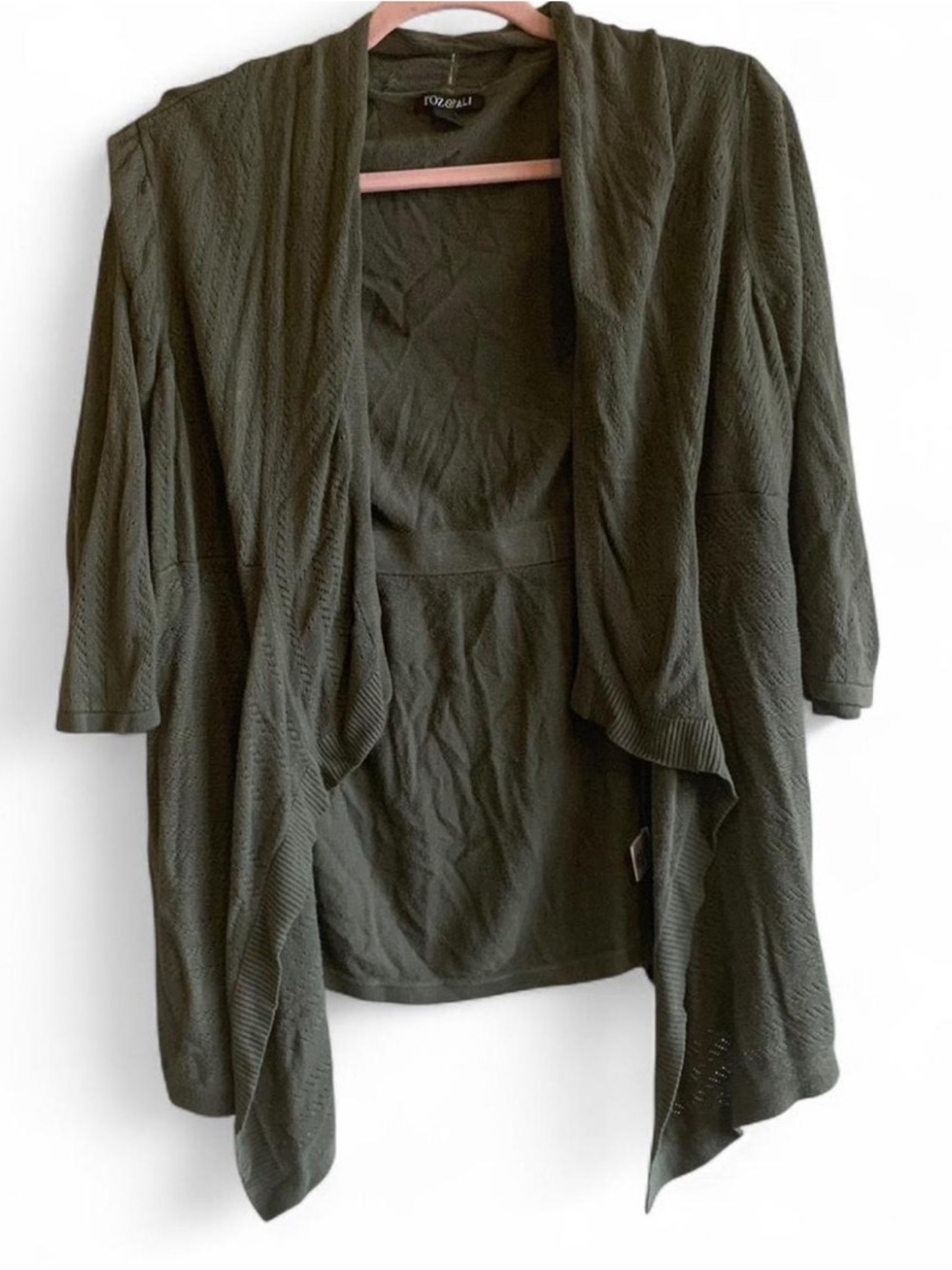 Roz & Ali Olive Green Open-Front Draped Cardigan size 2X